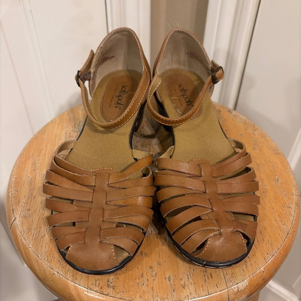 Softspots Womens Huarache Wedge Sandals Brown 6W Leather Pillowtop Comfort